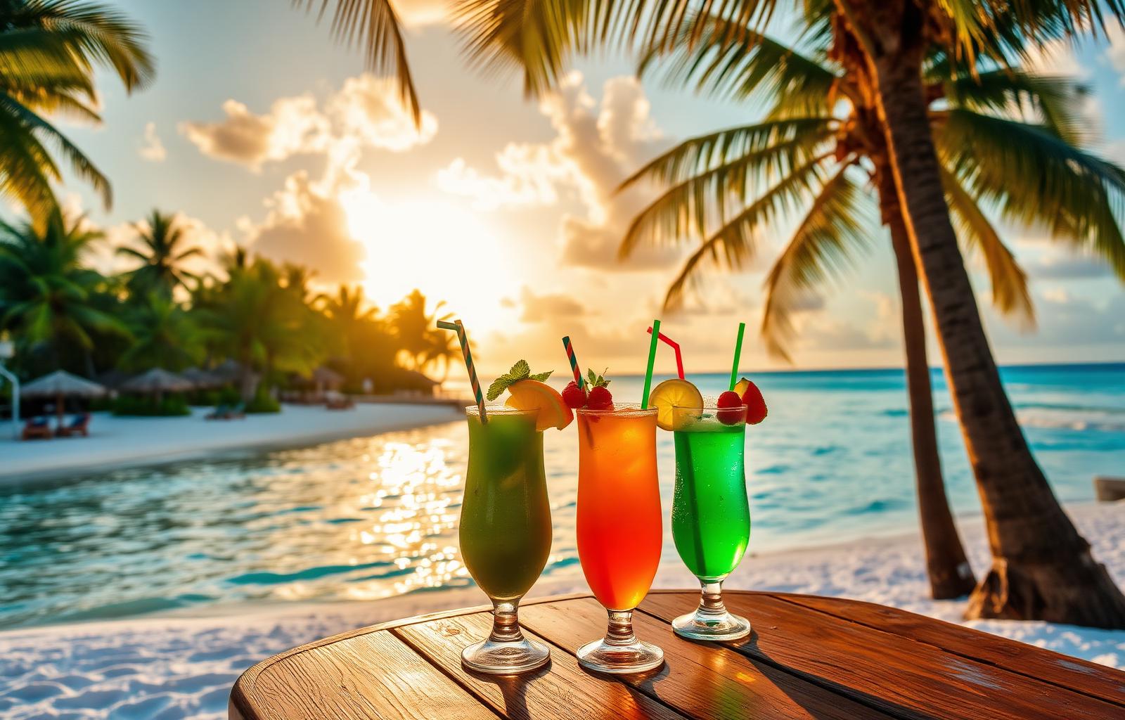 Tropical cocktails on a Jamaican beach at sunset